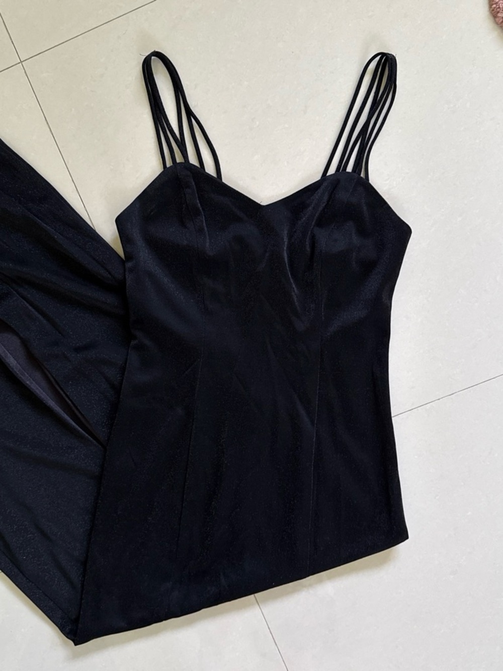 Vintage Cache Shimmer Black Triple Strap Full Length Dress Made in USA